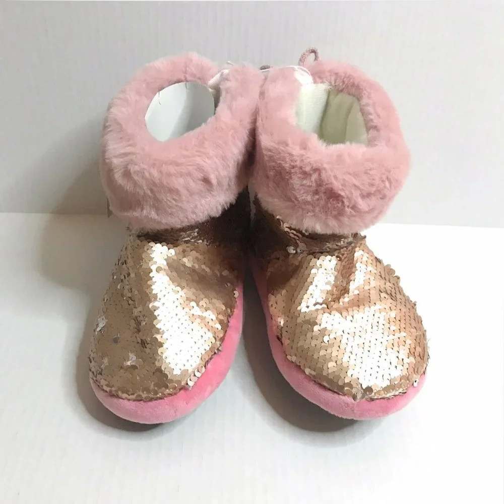 Girls Pink Booties with Gold Sequins, Warm Sparkly Slippers, Great Gift NWT